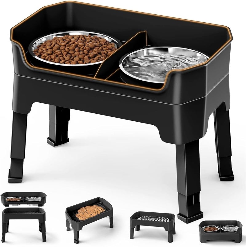 L&E Global flexible sizing options 3-in-1 Elevated Dog Bowls Mess Proof Raised Slow Feeder Dog Bowls, 4 Height Adjustable Bowl Stand Licking Plate with 2 56oz Stainless Steel Dog Food Bowls for Small Medium Large Dogs Pets Cross-location transit friendly build - Image 1