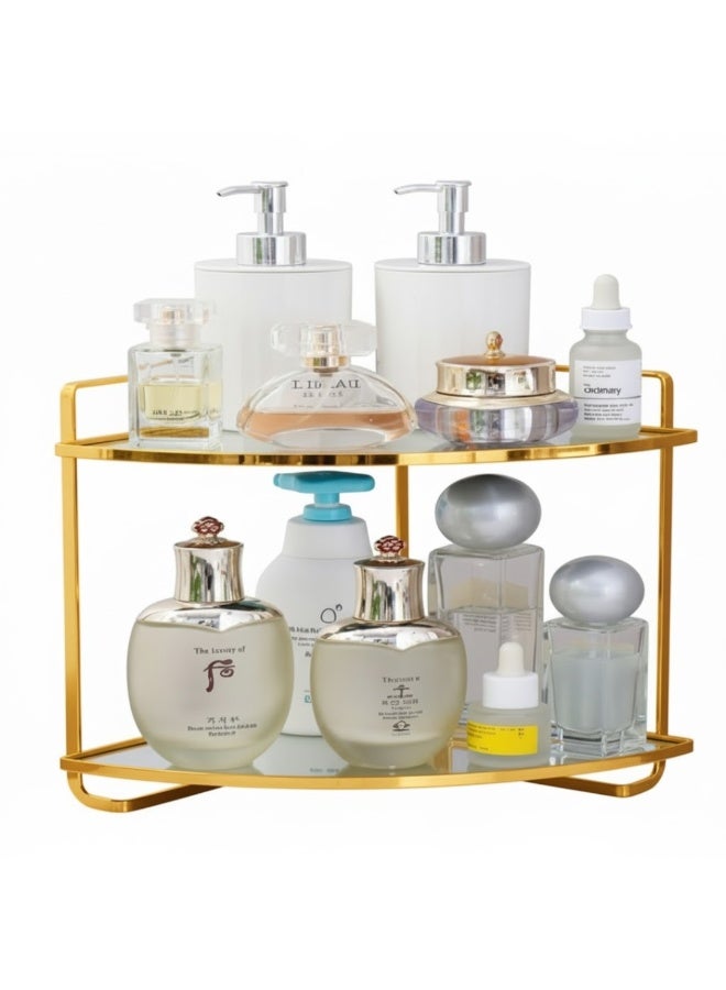 طلال منظم لرفوف زاوية الحمام من طبقتين، منظم لمستحضرات التجميل، حامل للعطور، رف قائم للمكياج، منظم لتوابل المطبخ، رف تخزين خشبي أسفل الحوض (ذهبي) - Image 1