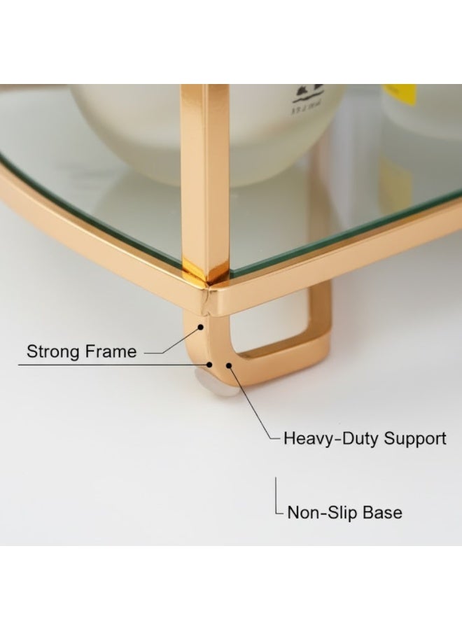 طلال منظم لرفوف زاوية الحمام من طبقتين، منظم لمستحضرات التجميل، حامل للعطور، رف قائم للمكياج، منظم لتوابل المطبخ، رف تخزين خشبي أسفل الحوض (ذهبي) - Image 2