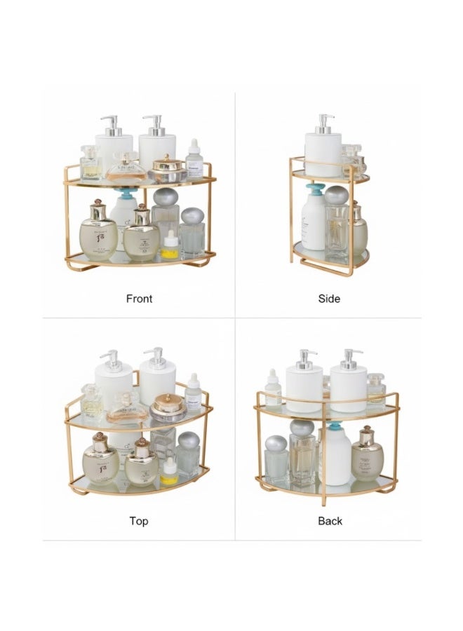 طلال منظم لرفوف زاوية الحمام من طبقتين، منظم لمستحضرات التجميل، حامل للعطور، رف قائم للمكياج، منظم لتوابل المطبخ، رف تخزين خشبي أسفل الحوض (ذهبي) - Image 3