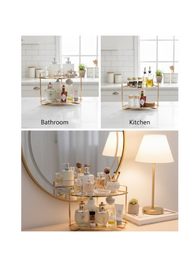 طلال منظم لرفوف زاوية الحمام من طبقتين، منظم لمستحضرات التجميل، حامل للعطور، رف قائم للمكياج، منظم لتوابل المطبخ، رف تخزين خشبي أسفل الحوض (ذهبي) - Image 5