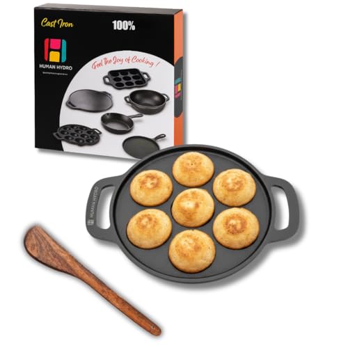 Human Hydro Pre-Seasoned Cast Iron Paniyaram Pan (7-Pit) with Wooden Spatula | Naturally Nonstick, Induction & Gas Compatible | Heavy-Duty Cookware for Paddu, Appam, Kuzhi Paniyaram & More - Image 1