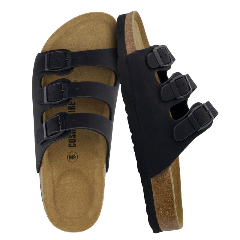 CUSHIONAIRE Lela Slip On Womens Sandals with Vegan Adjustable Straps & Genuine Suede Cork Footbed - Comfortable Memory Foam Sandals for Women 2025, BLACK 8.5 - Image 1