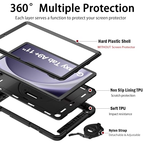 BMOUO for Samsung Galaxy Tab A9+ Plus Case 11" 2023 (SM-X210/X216/X218), Shockproof Galaxy Tab A9 Plus Case with Rotating Stand and Hand/Shoulder Strap, Black - Image 3
