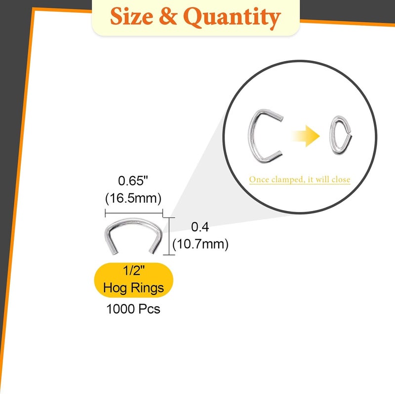Rustark 1000 Pcs 1/2" Galvanized Hog Rings, Professional Upholstery Hog Rings Set for Furniture,Fencing,Bagging, Railing, Sausage Casing, Meat Bags, Shock Cords - Image 2