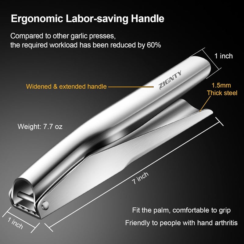 ZIGNTY Garlic Press Stainless Steel，Premium Garlic Mincer Tool，No Need to Peel Garlic Ginger Crusher & Masher Easy Squeeze Large Trough Ergonomic Handle，Rust Proof，Dishwasher Safe (5 Years Warranty) - Image 4