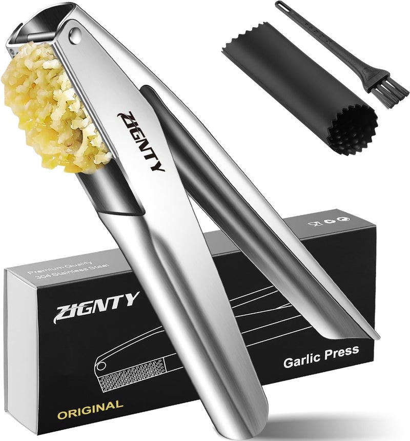 ZIGNTY Garlic Press Stainless Steel，Premium Garlic Mincer Tool，No Need to Peel Garlic Ginger Crusher & Masher Easy Squeeze Large Trough Ergonomic Handle，Rust Proof，Dishwasher Safe (5 Years Warranty) - Image 1