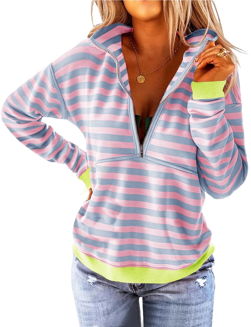 Floral Find Women's Long Sleeve Lapel Half Zip Up Sweatshirt Solid Stylish Loose Fit Casual Pullover Tops (C-Blue Pink, Large) - Image 1