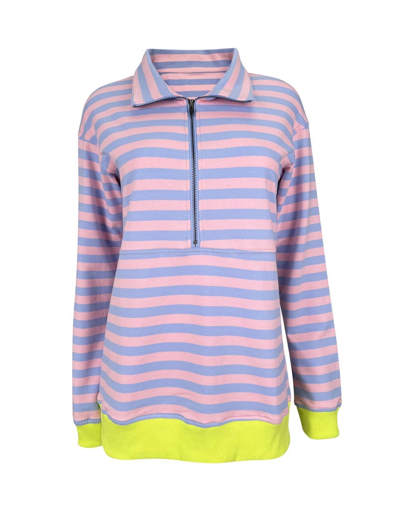 Floral Find Women's Long Sleeve Lapel Half Zip Up Sweatshirt Solid Stylish Loose Fit Casual Pullover Tops (C-Blue Pink, Large) - Image 2
