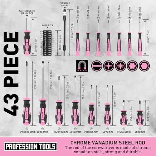Amartisan Magnetic Screwdrivers Set with Case, Amartisan 43-piece Includs Slotted, Phillips, Hex, Pozidriv,Torx and Precision Screwdriver Set, Magnetizer Demagnetizer Tools, Tools for Men (Pink)) - Image 5