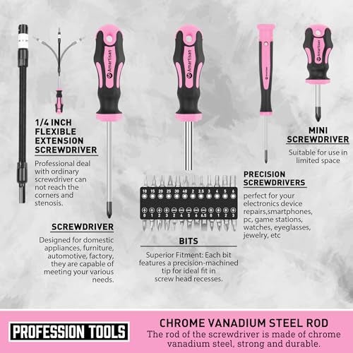 Amartisan Magnetic Screwdrivers Set with Case, Amartisan 43-piece Includs Slotted, Phillips, Hex, Pozidriv,Torx and Precision Screwdriver Set, Magnetizer Demagnetizer Tools, Tools for Men (Pink)) - Image 3