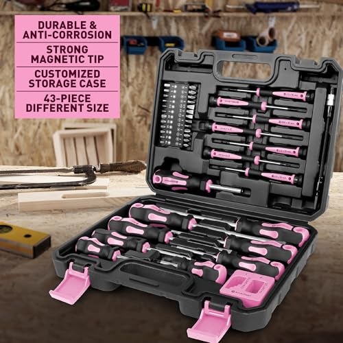 Amartisan Magnetic Screwdrivers Set with Case, Amartisan 43-piece Includs Slotted, Phillips, Hex, Pozidriv,Torx and Precision Screwdriver Set, Magnetizer Demagnetizer Tools, Tools for Men (Pink)) - Image 4