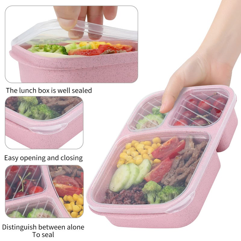 buluker 8 Pack Bento Lunch Box Set 3 Compartment Wheat Straw Meal Prep Food Storage Containers Plastic, Microwave and Dishwasher Safe(light colour) - Image 3