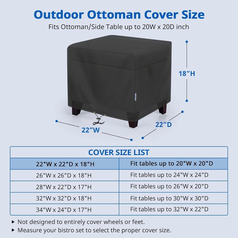 SunPatio Outdoor Ottoman Cover, Waterproof Square Coffee Table Cover, Patio Furniture Covers Side Table Cover, All Weather Protection, 22W x 22D x 18H, Black - Image 2