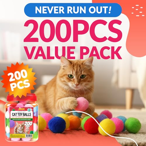 Hashi HA SHI [200pcs in Sturdy Jar] 1.2 Inch Soft Plush Cat Toy Balls - Perfect Size Interactive Fetch Toys for Indoor Cats, Quiet Night Play, Assorted Colorful Fuzzy Poms for Kittens - Image 2
