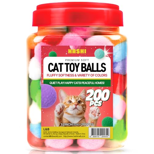 Hashi HA SHI [200pcs in Sturdy Jar] 1.2 Inch Soft Plush Cat Toy Balls - Perfect Size Interactive Fetch Toys for Indoor Cats, Quiet Night Play, Assorted Colorful Fuzzy Poms for Kittens - Image 1