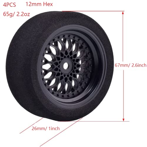 Shaluoman 4Pcs 1/10 On-Road Foam Tires& 2080-3mm Wheel Rims 12mm Hex for HSP HPI RC Racing Car Toy, Black - Image 3
