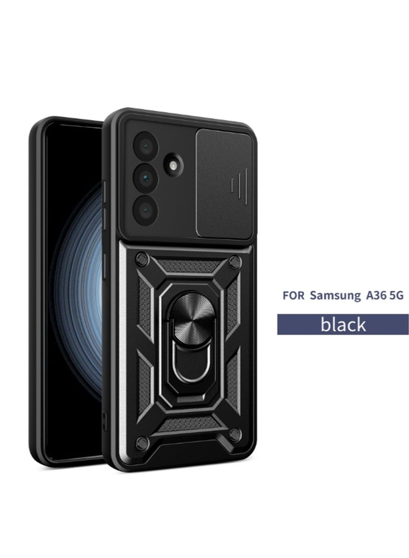 for Samsung Galaxy A36 5G Case Cover, Slide Camera Lens Cover, Magnetic Ring Holder Kickstand Protective Phone Case for Samsung Galaxy A36 5G, Black - Image 1