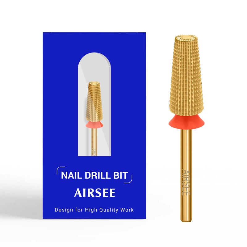 AIRSEE Tungsten Carbide 5 in 1 Acrylic Nail Drill Bit Efile Electric File Machine Head Tip for Manicure Polishing Fast Remove Gel 332 Shank 2 Way Professional Tech Use Gold TiN FineFXF2XF