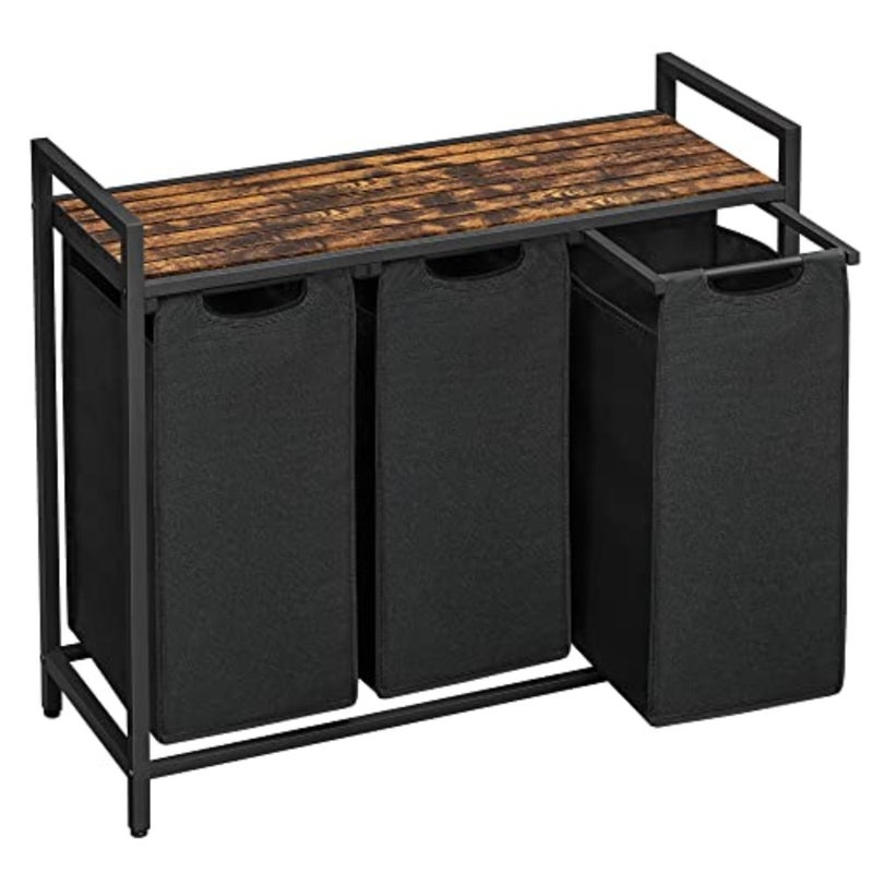 سلة غسيل للاستخدام المنزلي، مادة الروطان المنسوجة، لون بني ريفي، سعة 3 × 38 لتر مع 3 أكياس قابلة للفصل ورف تخزين واحد - Image 1