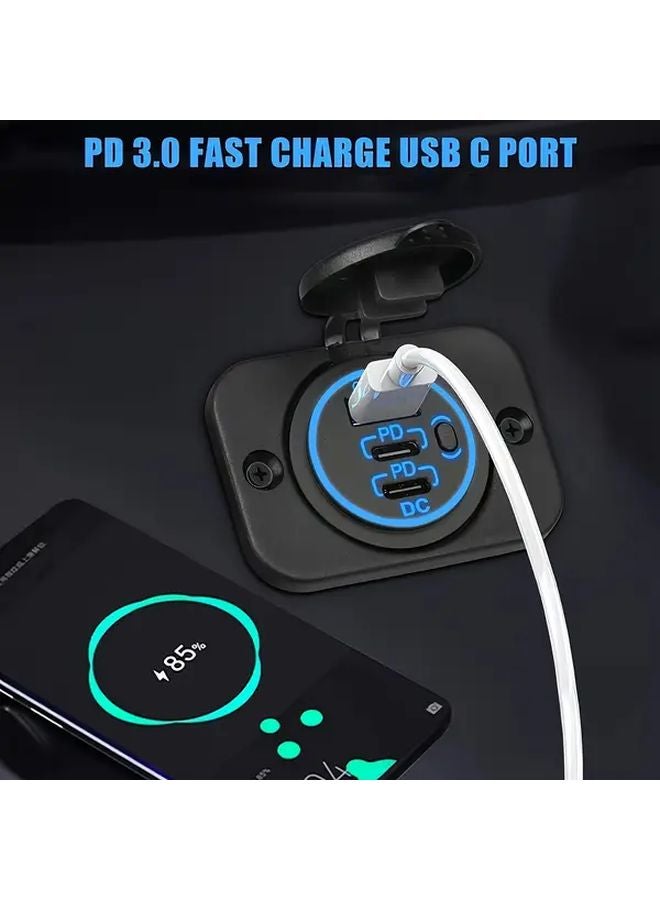 3 Port Car Fast Charger With Cable Blue Light USB C PD3 0 QC3 0 Button Switch 12V 24V - Image 5