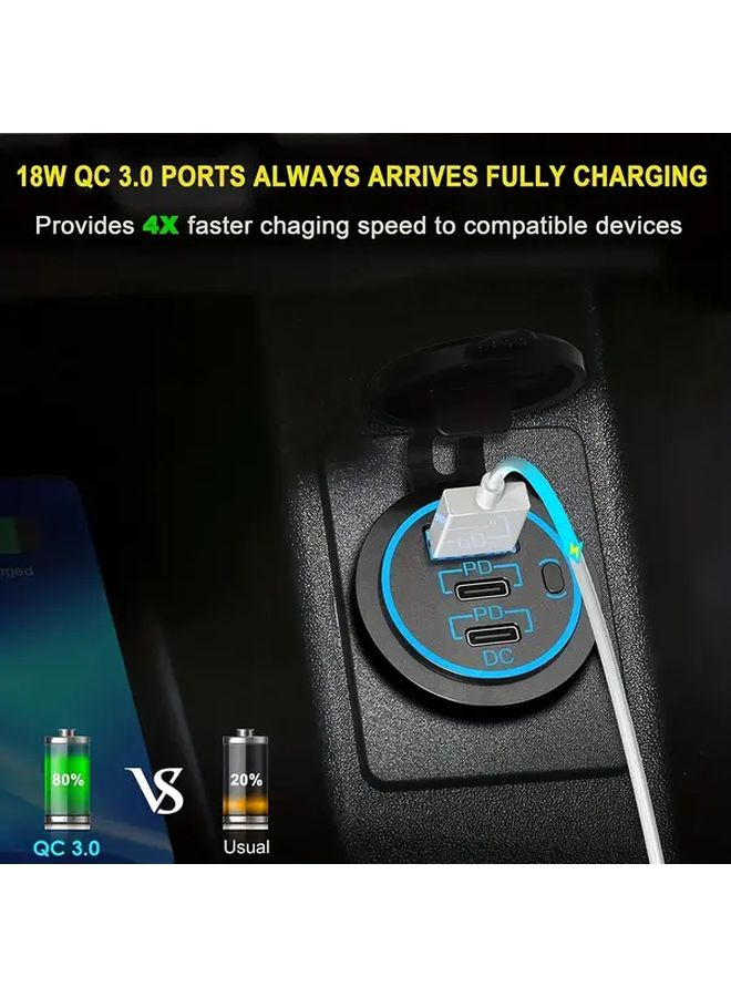 3 Port Car Fast Charger With Cable Blue Light USB C PD3 0 QC3 0 Button Switch 12V 24V - Image 4