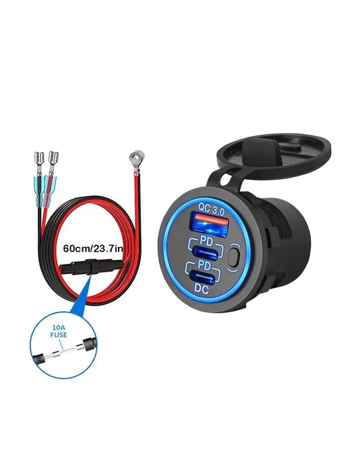 3 Port Car Fast Charger With Cable Blue Light USB C PD3 0 QC3 0 Button Switch 12V 24V - Image 2