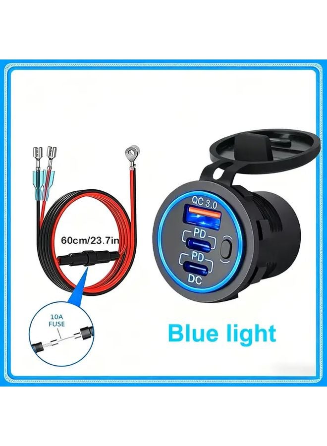3 Port Car Fast Charger With Cable Blue Light USB C PD3 0 QC3 0 Button Switch 12V 24V - Image 1