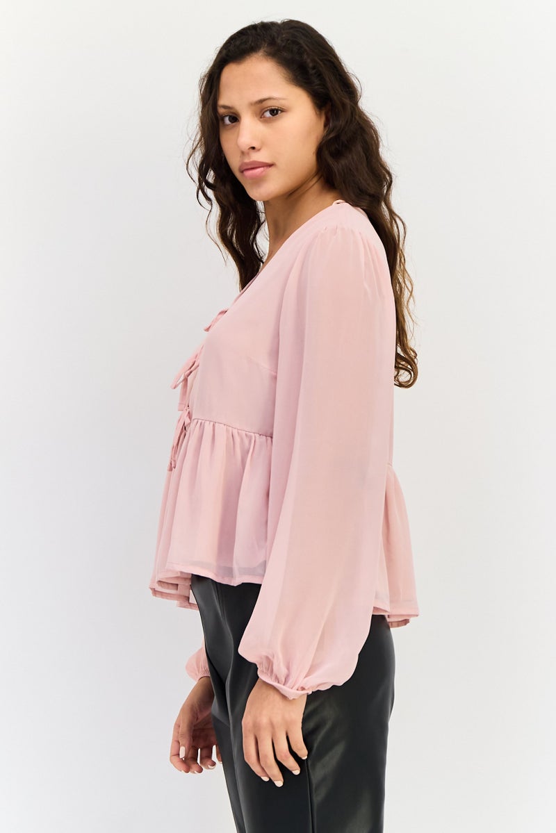 Threadbare Women Tie Neck Long Sleeves Plain Peplum  Top, Blush - Image 3