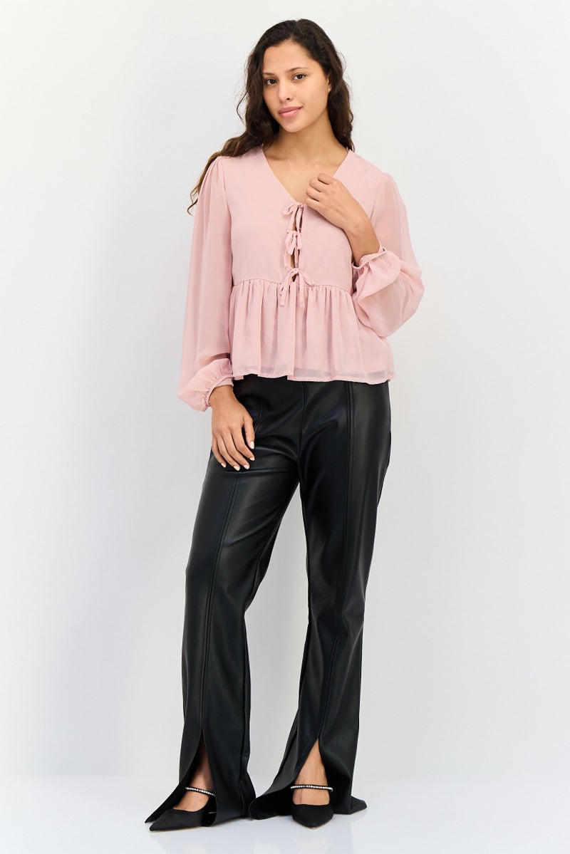 Threadbare Women Tie Neck Long Sleeves Plain Peplum  Top, Blush - Image 4