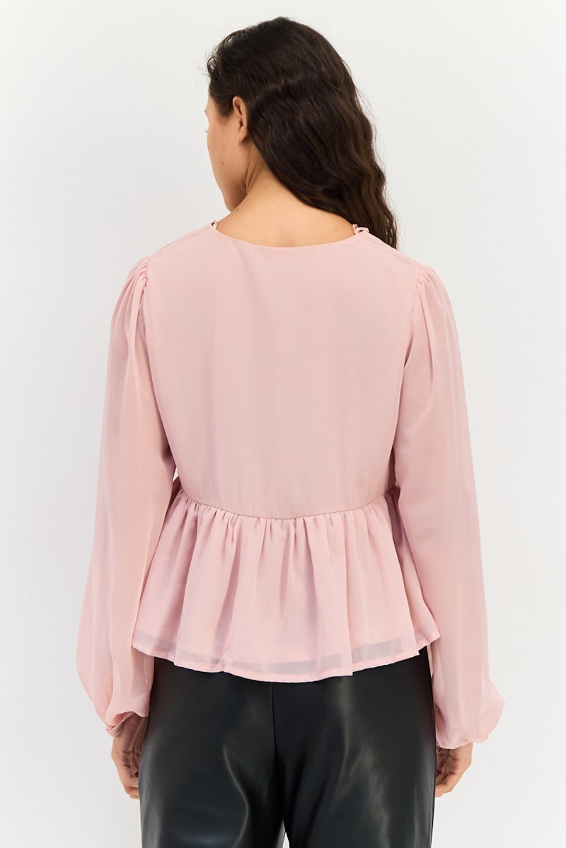 Threadbare Women Tie Neck Long Sleeves Plain Peplum  Top, Blush - Image 2