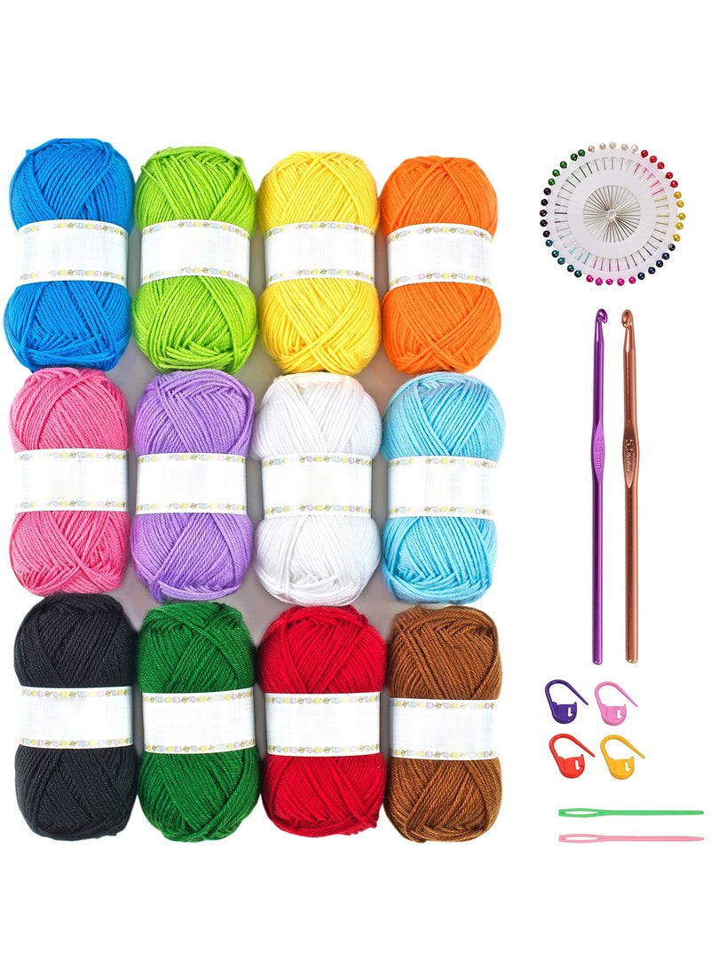 SUNSAR 12 PCS Multi Colored Acrylic Yarn ,Assorted Colors Selection with Crochet Hooks Knitting Needles Stitch Markers and pearl head pins set - Image 1