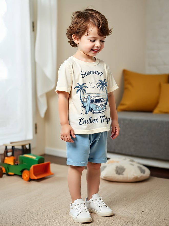 تايك تو طقم شورت وتيشيرت أزرق مطبوع للصيف قطعتين للأطفال - Image 3