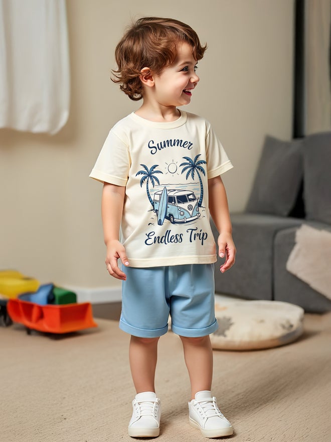 تايك تو طقم شورت وتيشيرت أزرق مطبوع للصيف قطعتين للأطفال - Image 4