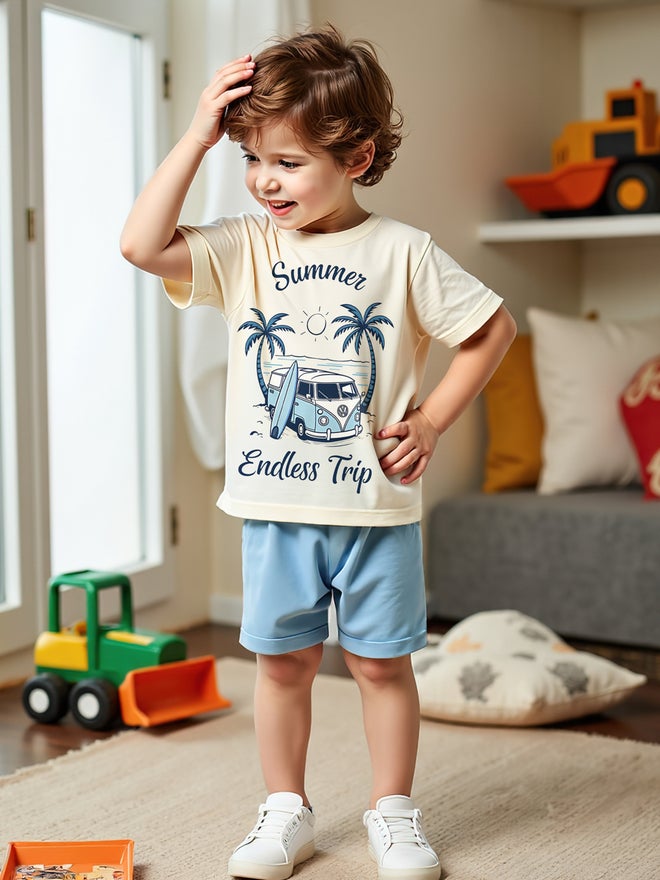 تايك تو طقم شورت وتيشيرت أزرق مطبوع للصيف قطعتين للأطفال - Image 1