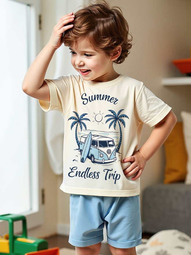 تايك تو طقم شورت وتيشيرت أزرق مطبوع للصيف قطعتين للأطفال - Image 5