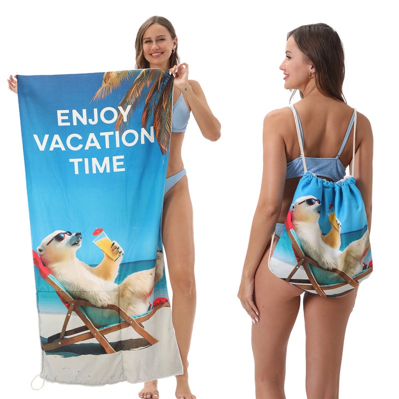 2-in-1 Foldable Microfiber Beach Towel with Storage Bag - Printed, Lightweight & Quick-Dry