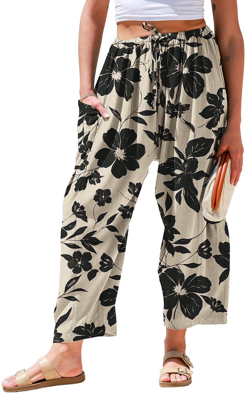 TARSE Womens Linen Wide Leg Pants Casual Loose Drawstring Low Waist Summer Beach Palazzo Harem Pants with Pockets 2026 XS Black Floral - Image 1