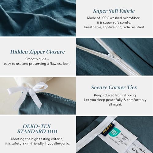 MILDLY Super Soft Duvet Cover - 100% Washed Microfiber Peacock Blue Comforter Cover Set 3 Pieces with Zipper Closure & Corner Ties (No Comforter) - Image 5