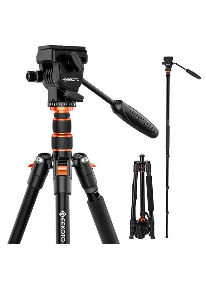GEEKOTO Video Tripod Fluid Head,Professional Camera Tripod for DSLR,Monopod Aluminum 77" for Video Camcorder Canon Nikon Sony with 1/4" Screws Fluid Drag Pan Head,Load Capacity up to 20 Pounds 