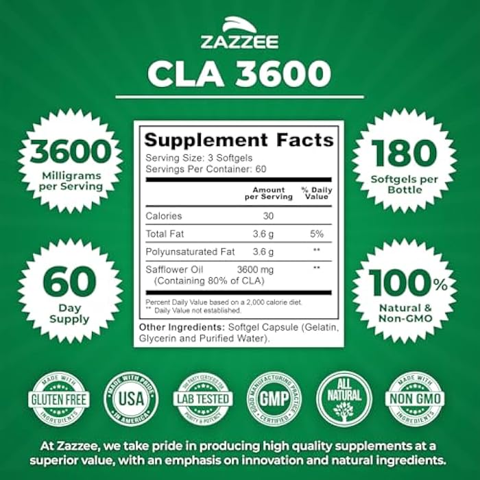 Zazzee High Potency CLA 3600, 180 Softgels, 3600 mg per Serving, Conjugated Linoleic Acid from Safflower Oil, Concentrated and Standardized, 60 Day Supply, Non-GMO and Made in The USA - Image 3