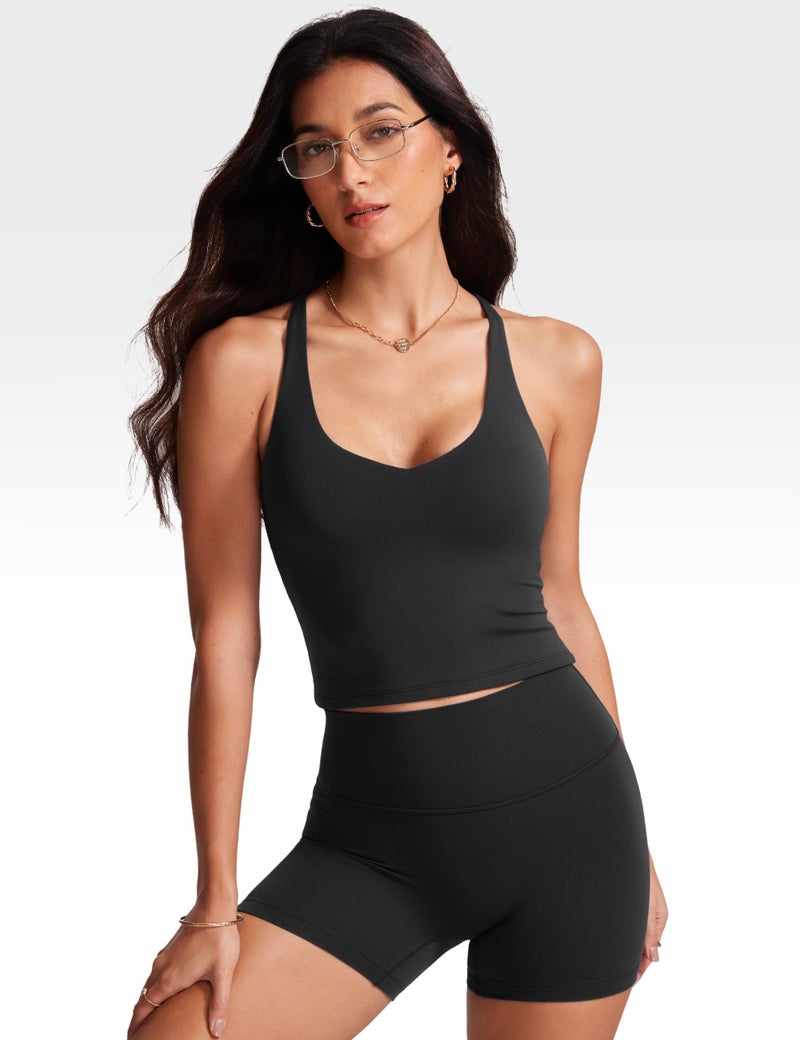 INGIA Womens V Neck Padded Tank Tops Spaghetti Criss Cross Strap Statement Strappy Back Casual Crop Top Black Large - Image 4
