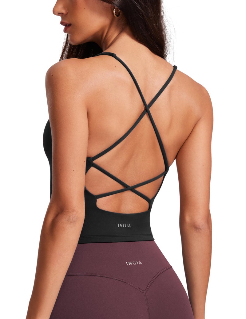 INGIA Womens V Neck Padded Tank Tops Spaghetti Criss Cross Strap Statement Strappy Back Casual Crop Top Black Large - Image 1