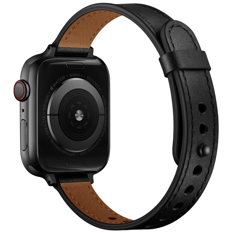 OUHENG أشرطة OUHENG النحيفة متوافقة مع أساور آبل ووتش 42 مم 41 مم 40 مم 38 مم، حزام رقيق من الجلد الطبيعي للنساء بديل لـ iWatch SE 3/2/1 سلسلة 11 10 9 8 7 6 5 4 3 2 1 (أسود/أسود) - Image 2