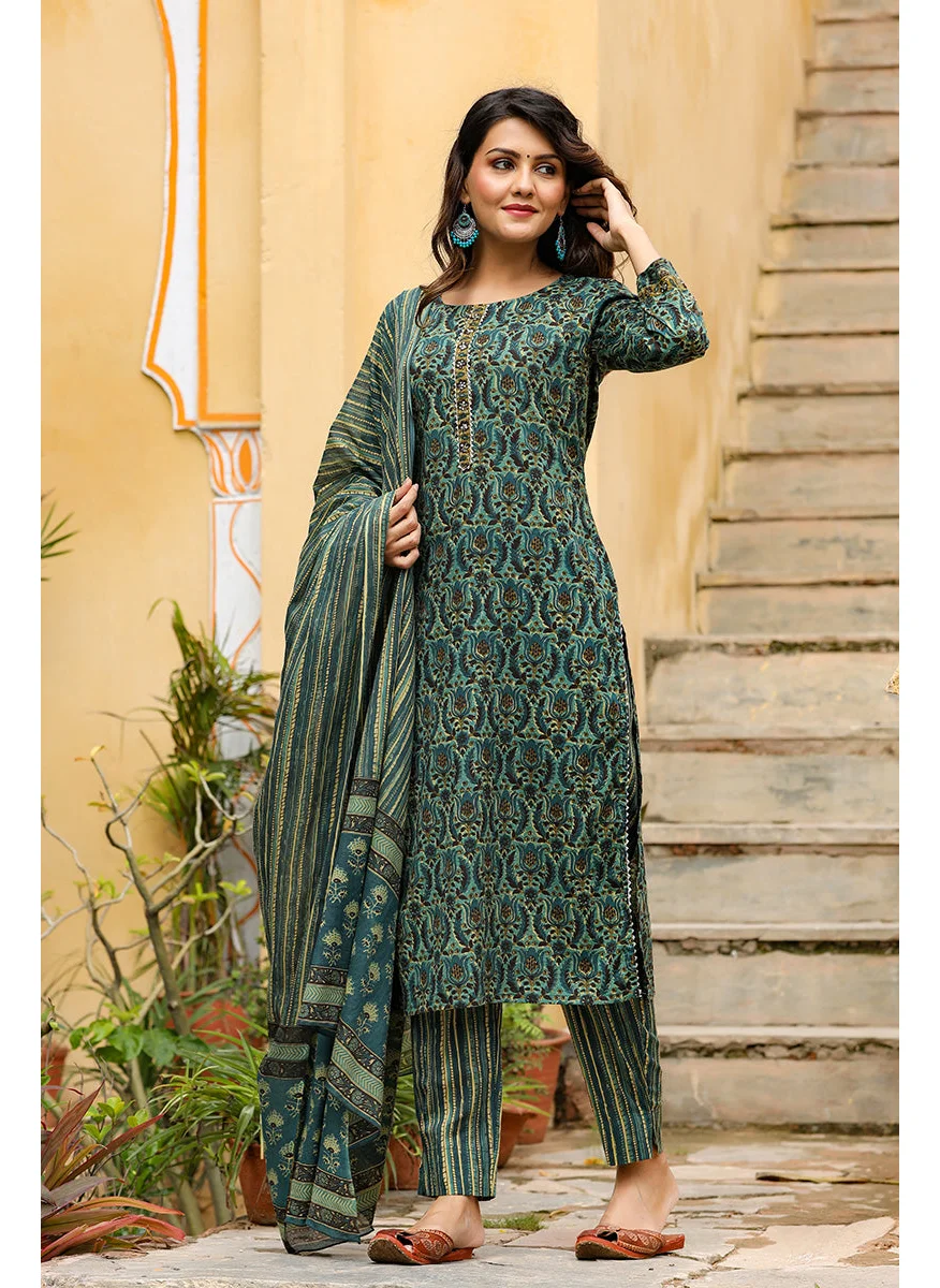 زيري سوق Green Rayon Blend Ethnic Motifs Suit Set