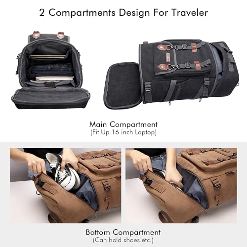 WITZMAN Travel Backpack for Men Women Canvas Backpack Carry on Luggage Rucksack Convertible Duffel Bag Large (A568 Black) - Image 4