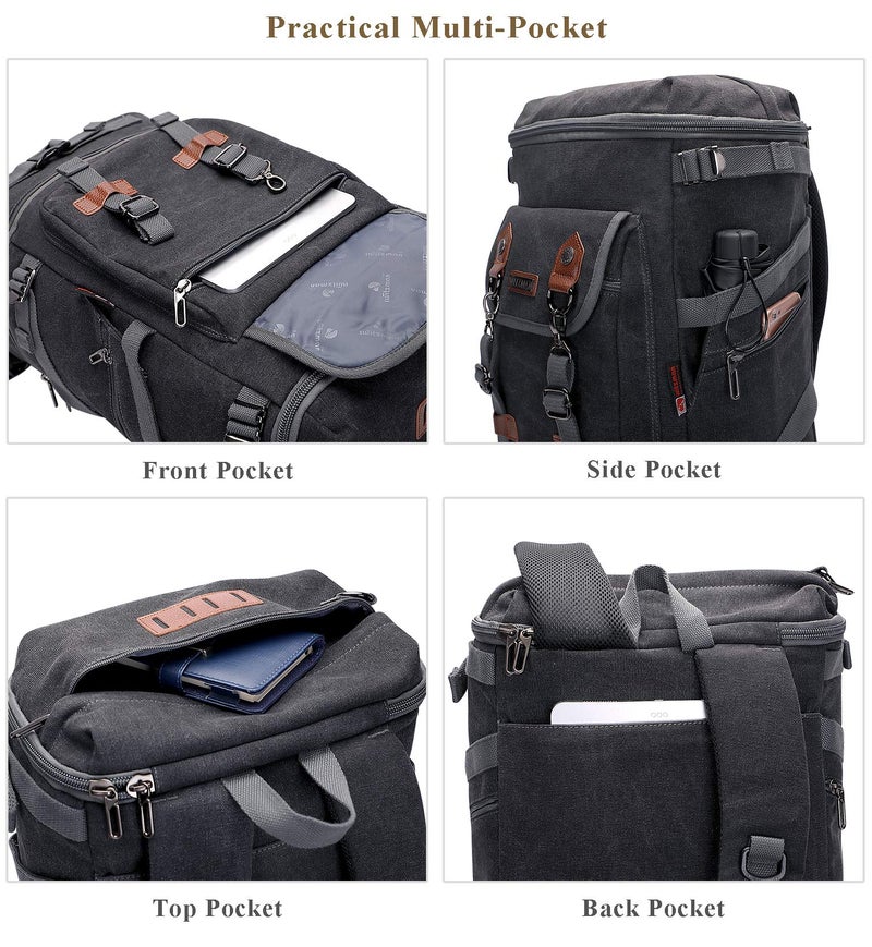 WITZMAN Travel Backpack for Men Women Canvas Backpack Carry on Luggage Rucksack Convertible Duffel Bag Large (A568 Black) - Image 5