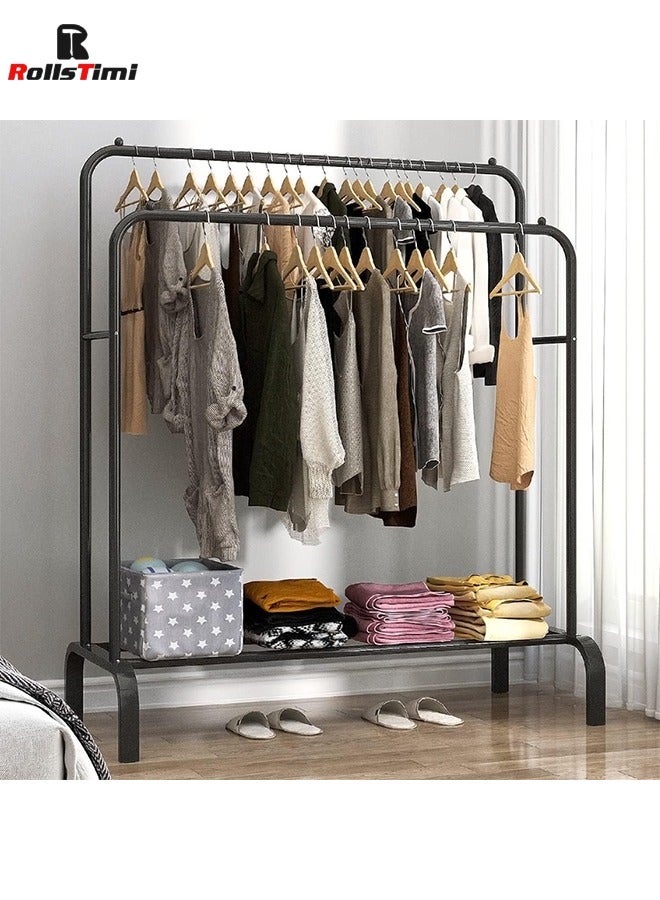 RollsTimi  Double Rod Clothing Rack Heavy Duty Metal Double Rail Drying Stand Garment Organizer Open Armoire with 4 Clothes Hooks, Black - Image 1