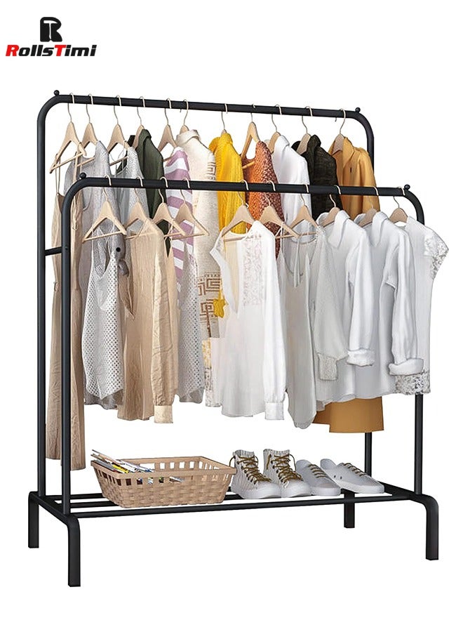 RollsTimi  Double Rod Clothing Rack Heavy Duty Metal Double Rail Drying Stand Garment Organizer Open Armoire with 4 Clothes Hooks, Black - Image 2