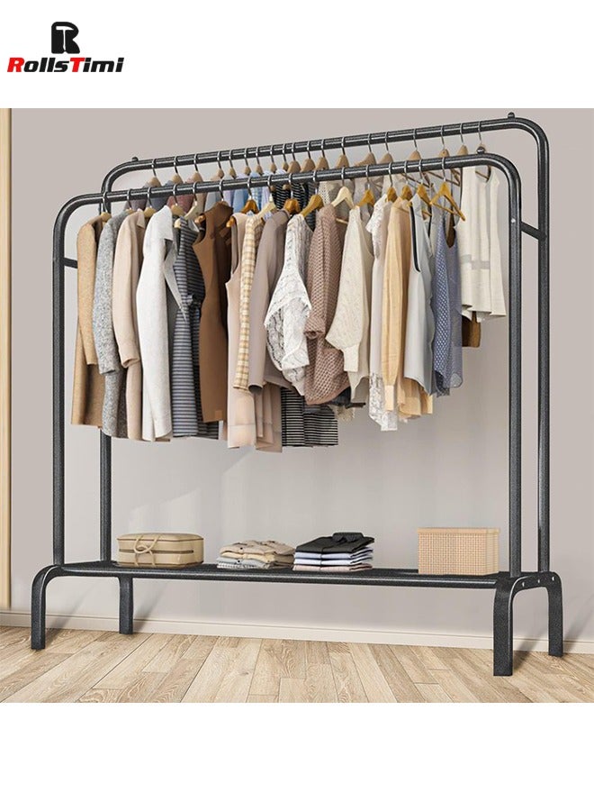 RollsTimi  Double Rod Clothing Rack Heavy Duty Metal Double Rail Drying Stand Garment Organizer Open Armoire with 4 Clothes Hooks, Black - Image 4